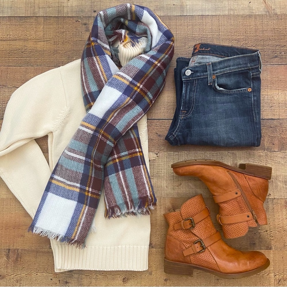 Soft Plaid Scarf in White, Blues, Teal, Burgundy